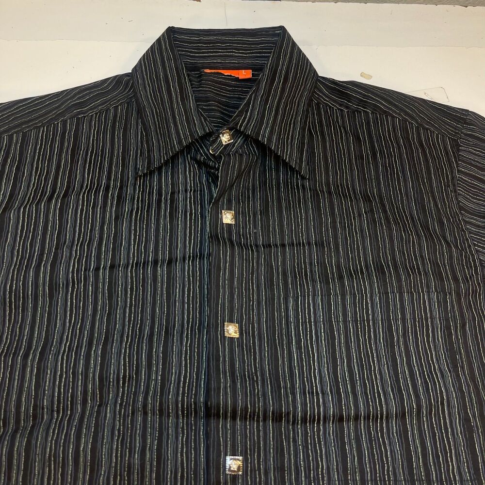 Versace Black Pinstripe Dress Shirt with Silver Medusa Buttons